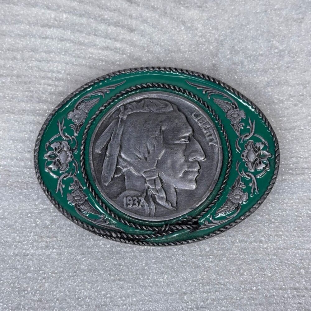 Vintage 1991 Siskiyou 1937 Indian Head Nickel Coin Pewter Enamel Belt Buckle E-5